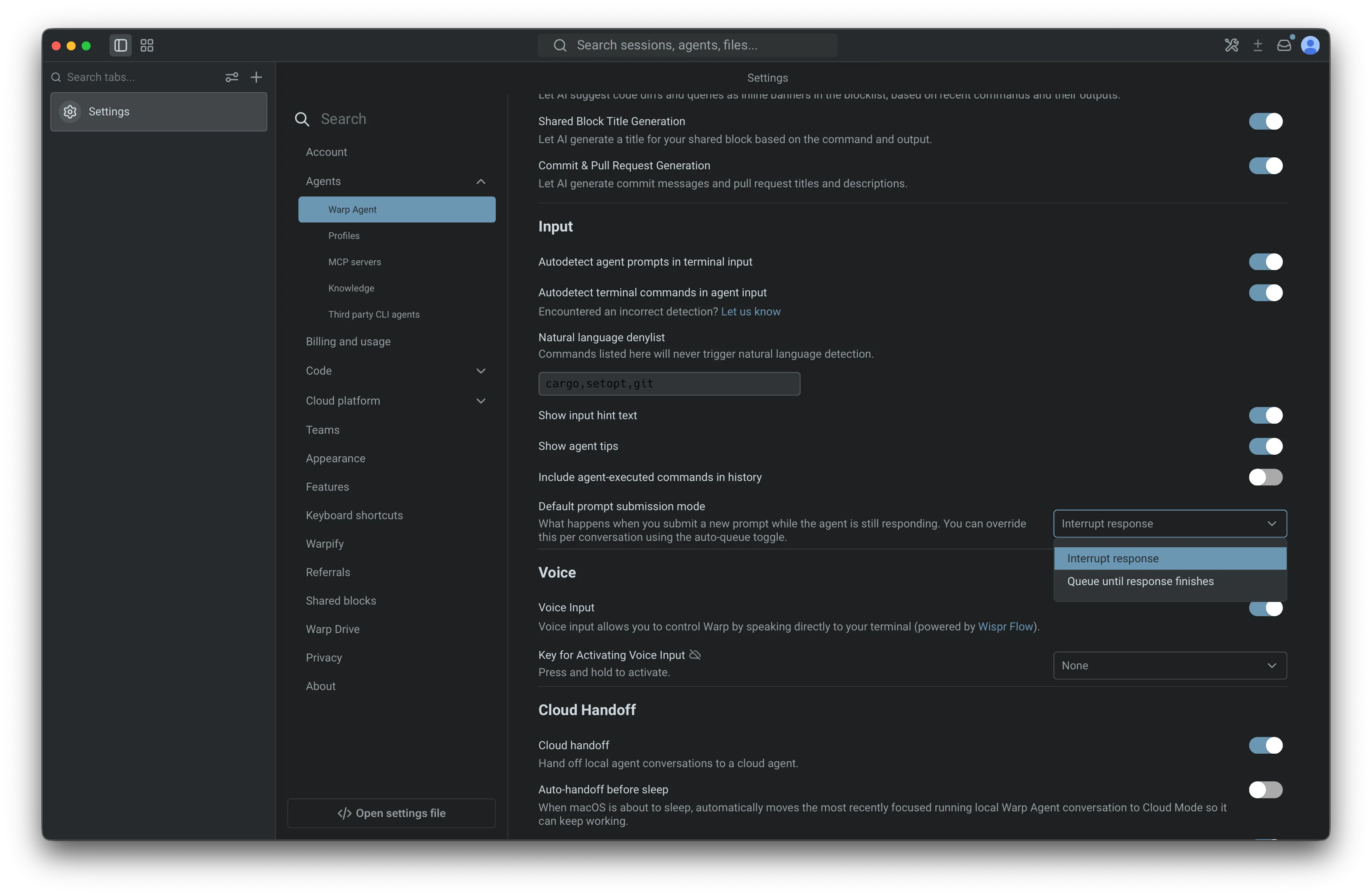 The Default prompt submission mode dropdown in Agent input settings, open to show 'Interrupt response' and 'Queue until response finishes.'